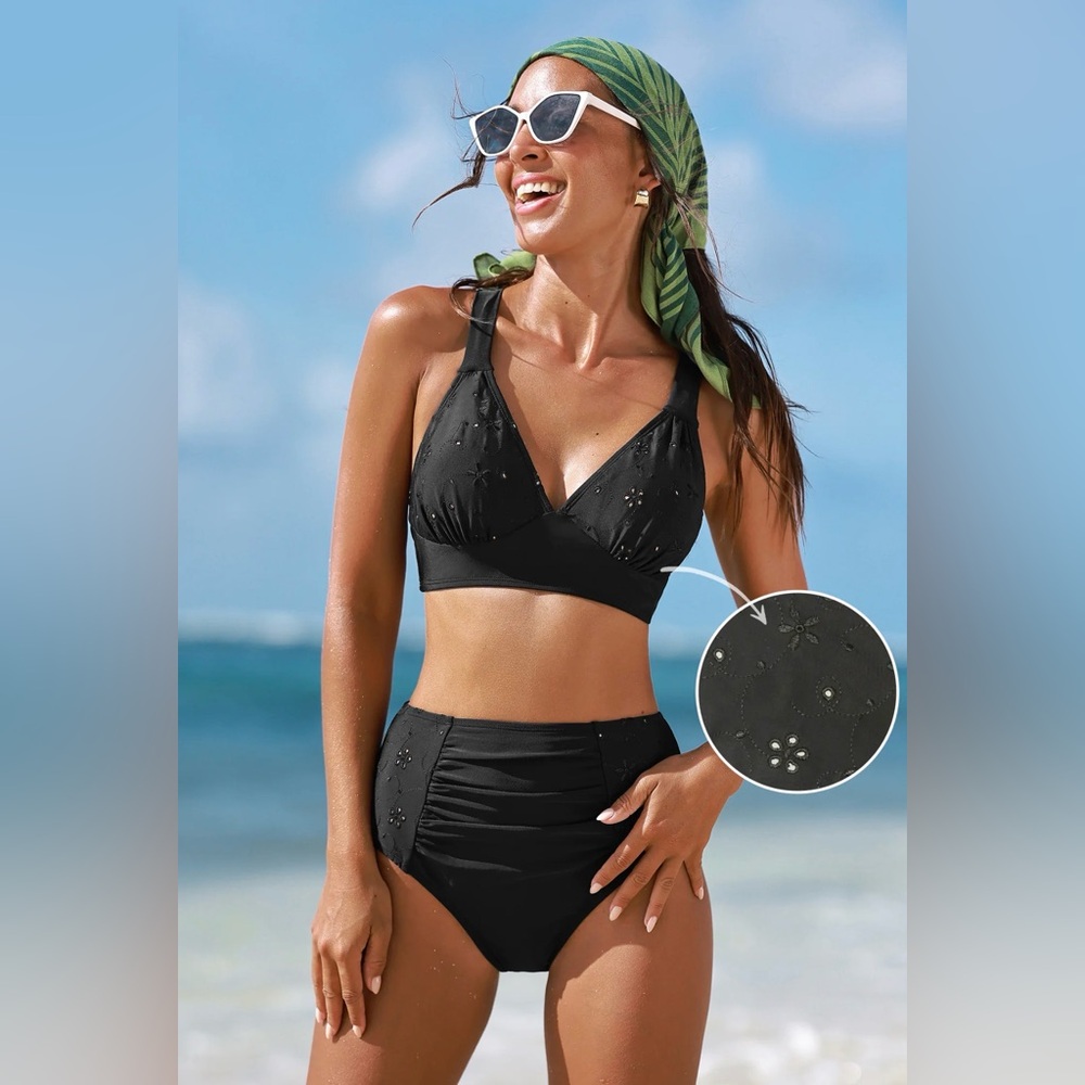 Cupshe Black Eyelet High Waist Bikini Set Women’s Size L NWT